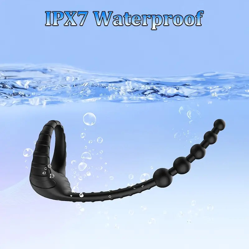 Vibrating Penis Ring With Anal Beads Butt Plug, 3 In 1 Silicone Penis Ring