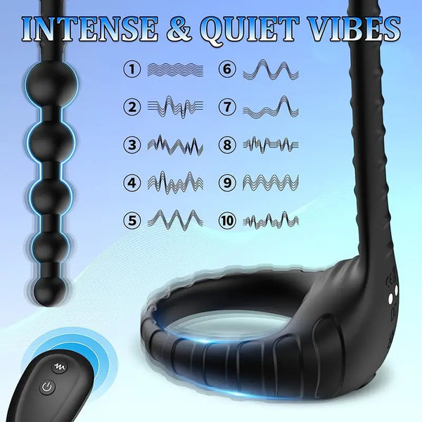 Vibrating Penis Ring With Anal Beads Butt Plug, 3 In 1 Silicone Penis Ring