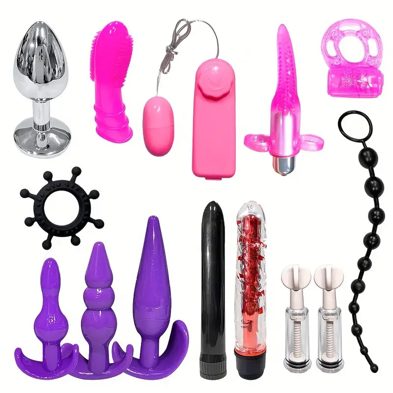 14pcs Anal Plug Vibrator Penis Rings Kit Adult Pleasure Erotic SM Props Set